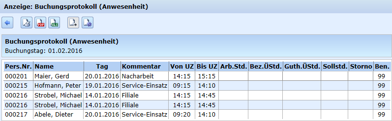 Beispielliste - Buchungsprotokoll (Anwesenheit)