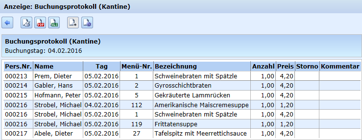 Beispielliste - Buchungsprotokoll (Kantine)