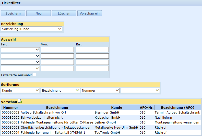 Einstellungen - Ticketfilter